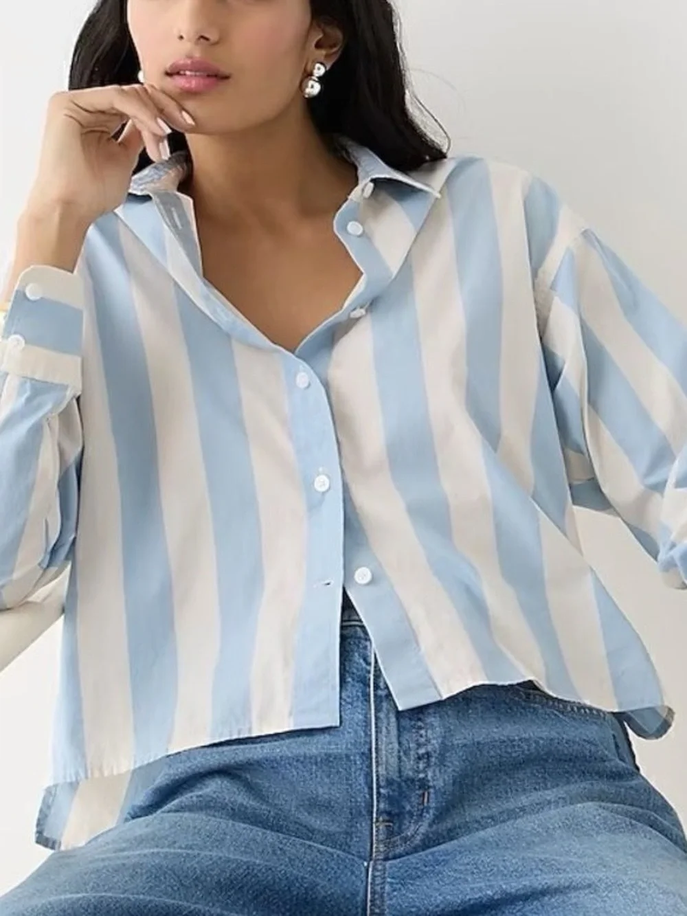 J Crew Relaxed Fit Cropped Shirt in Barlow Stripe coastal academia preppy office